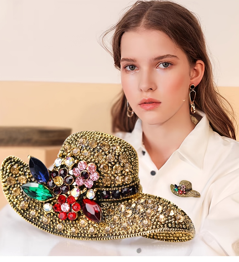 vintage style hat alloy brooch pin inlaid shiny rhinestone elegant temperament sweater coat dress accessories details 4