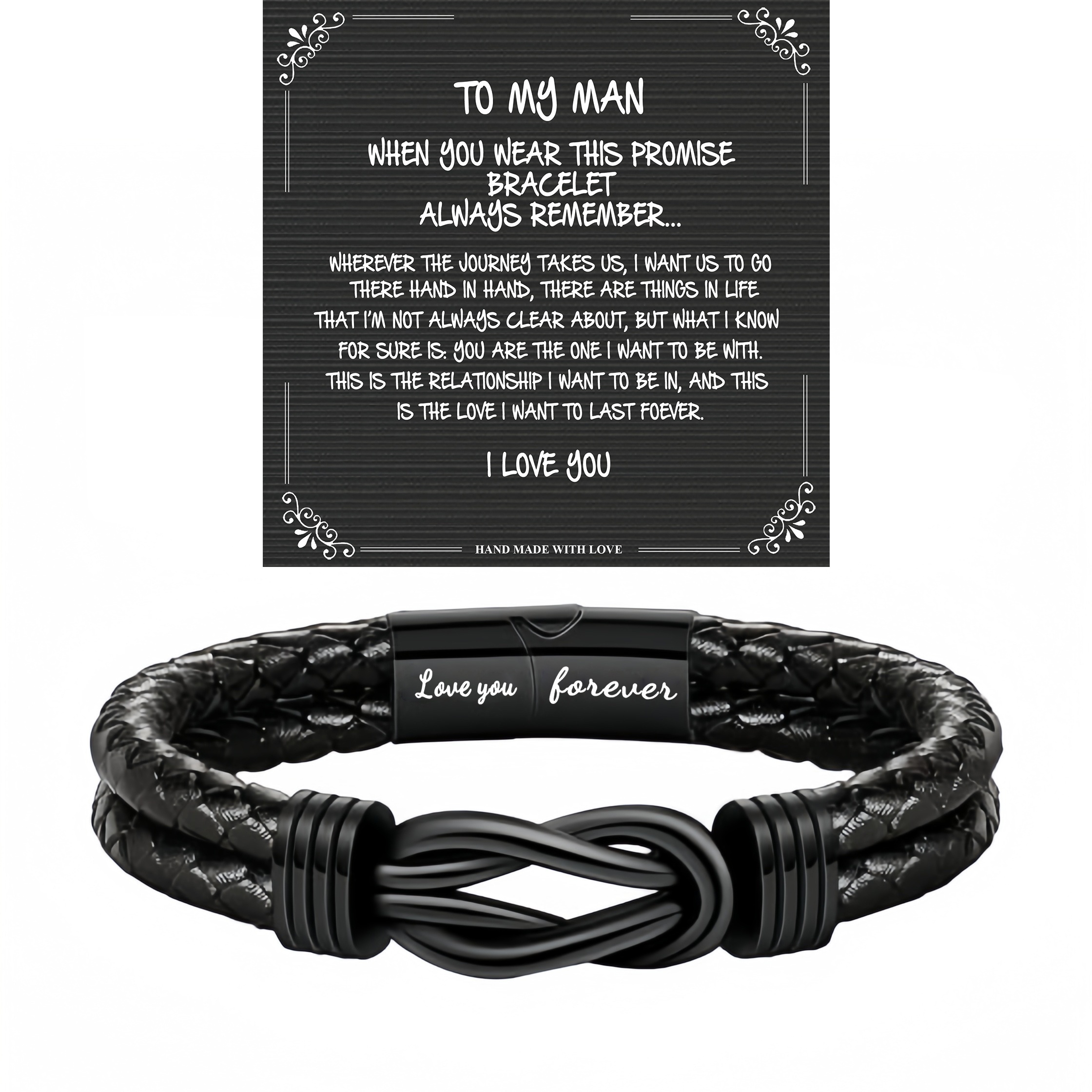 

To My Man Black Color Artificial Leather Bracelet With Blessing Card, Valentine's Day Gifts For Him, Birthday Gifts For Man, To My Man Gift Knot Bracelet Jewelry