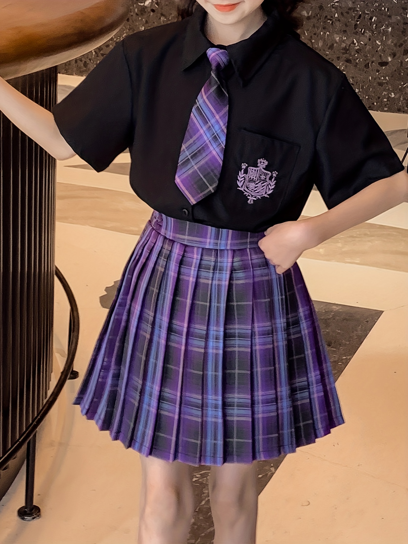 Girls' Plaid Print Varsity Style Pleated Skirt For Summer