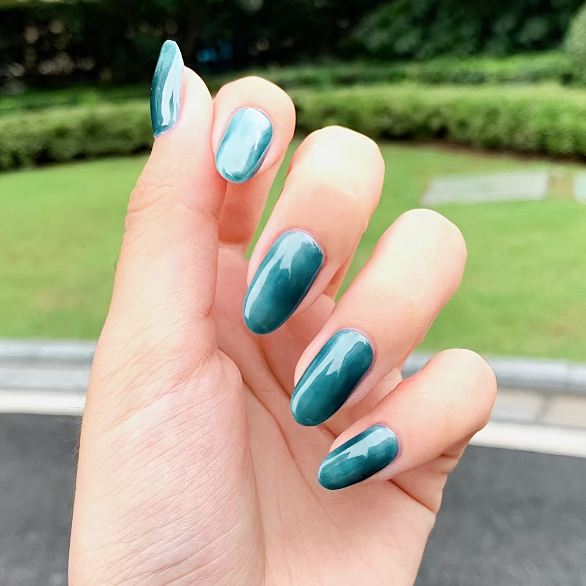 24pcs glossy pure color press on nails medium almond fake nails minimalist style nude brown blue green false nails solid color fake nails for women girls daily wear details 4