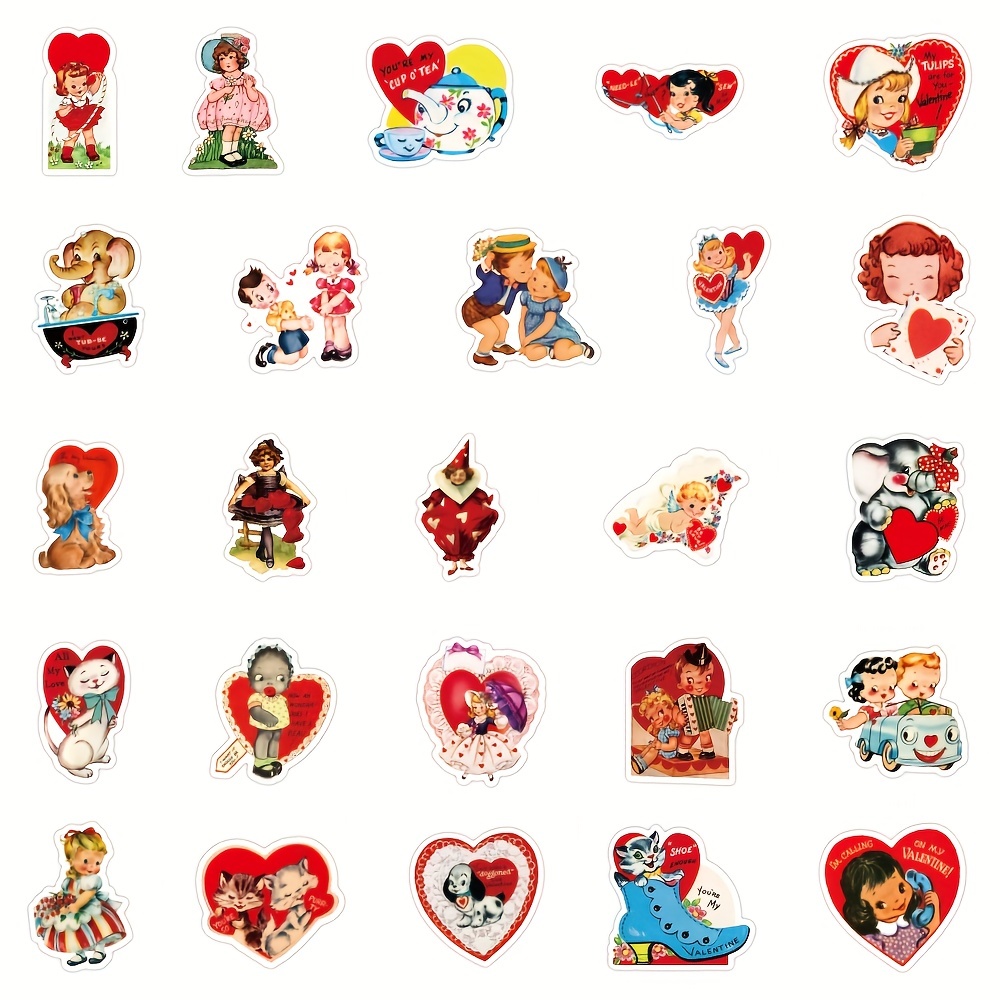 Vintage Valentine Stickers Pack, Vintage Stickers, Valentines Stickers,  Valentine's Day Gifts for Kids, Romantic Stickers, Hearts 