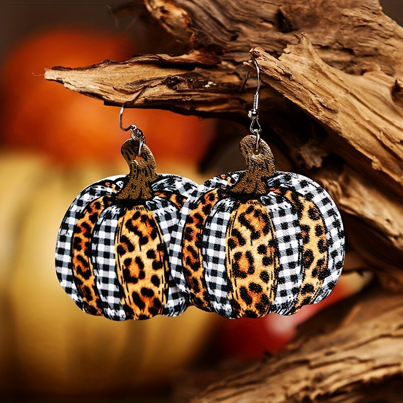 

Halloween Jewelry Pumpkin Design With Plaid & Leopard Pattern Dangle Earrings Retro Party Style Pu Leather Jewelry Female Gift