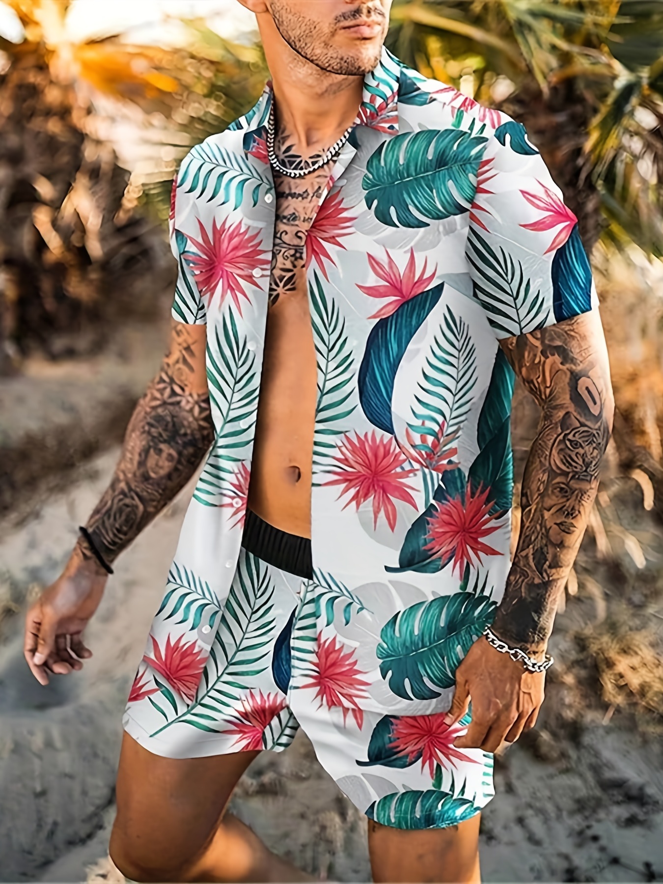 Vacation Clothing, Men's Hawaiian Style Leaf & Flowers Print Lapel Collar  Shirt Shorts Set For Summer, Best For Vacation, Plus Size