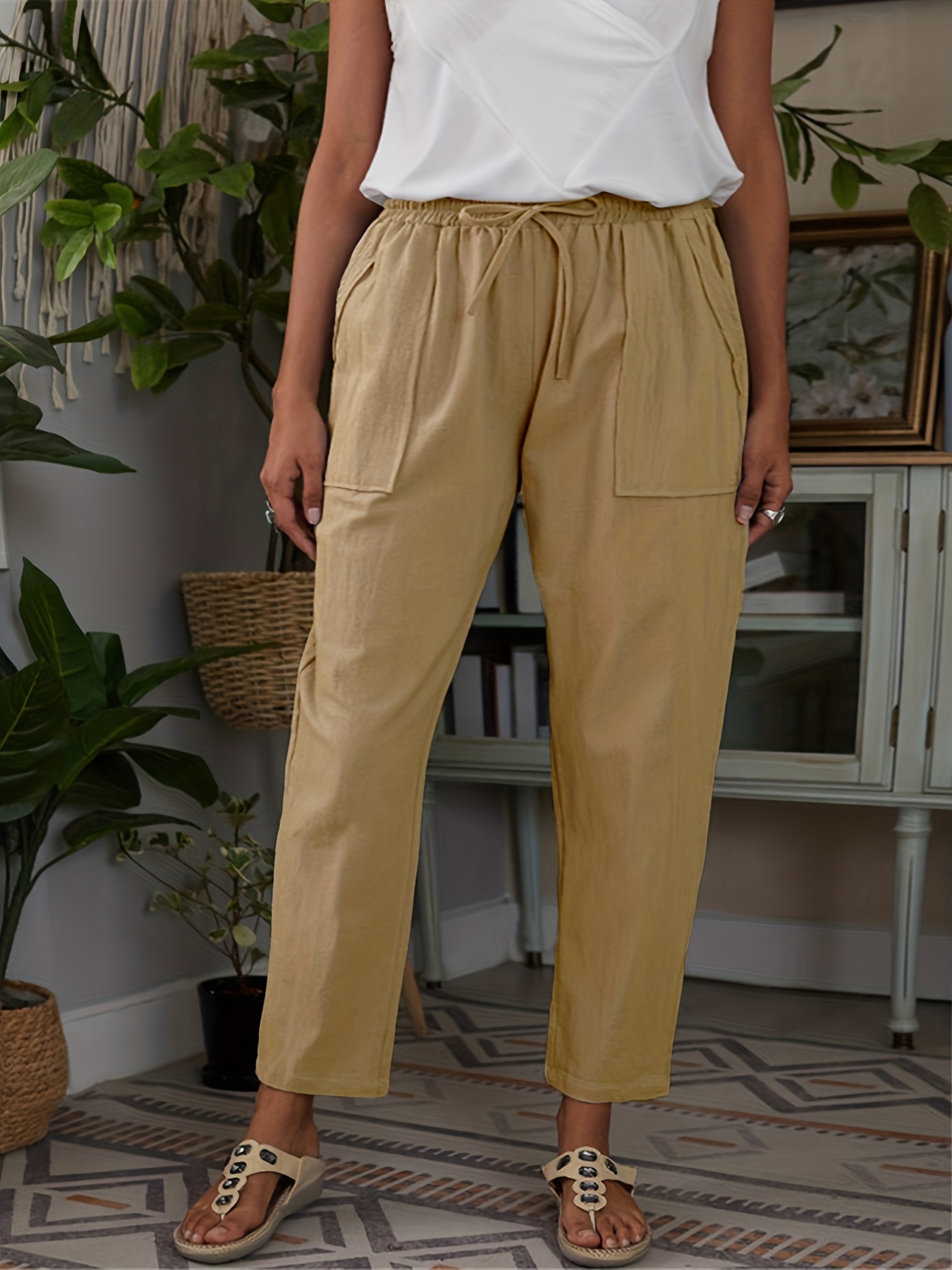 Plus Size Casual Pants Women's Plus Solid Drawstring Elastic