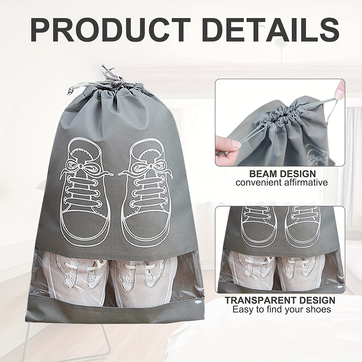 3pcs Drawstring Shoe Storage Bag, Simple Clear Panel Design Non