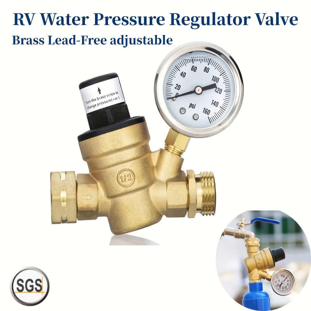RV Camper Water Pressure Regulator Brass LEAD FREE Adjustable Pressure Gauge