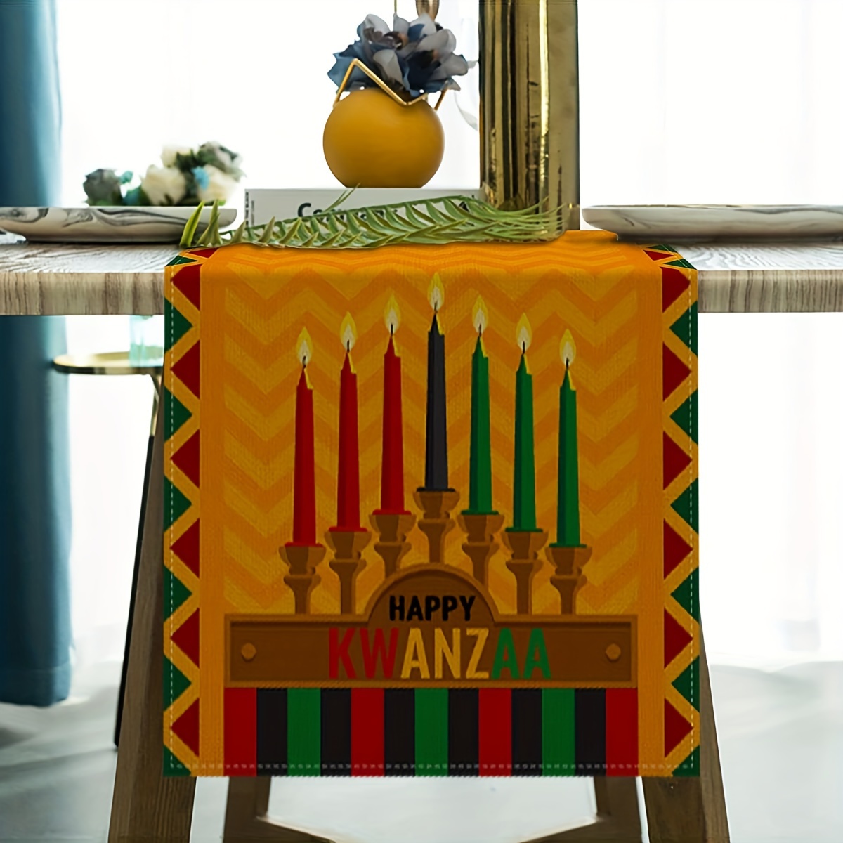 1pc Kwanzaa Table Runner, Kwanzaa Kinara Candles Pattern Non-slip