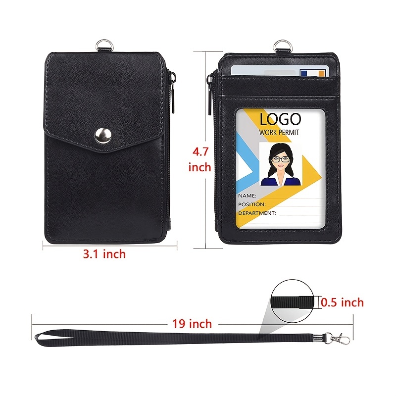 ID Card Holder | Vinyl Faux Leather Wallet Card Slot | Clip-On Lanyard Badge Carrier for Work Office