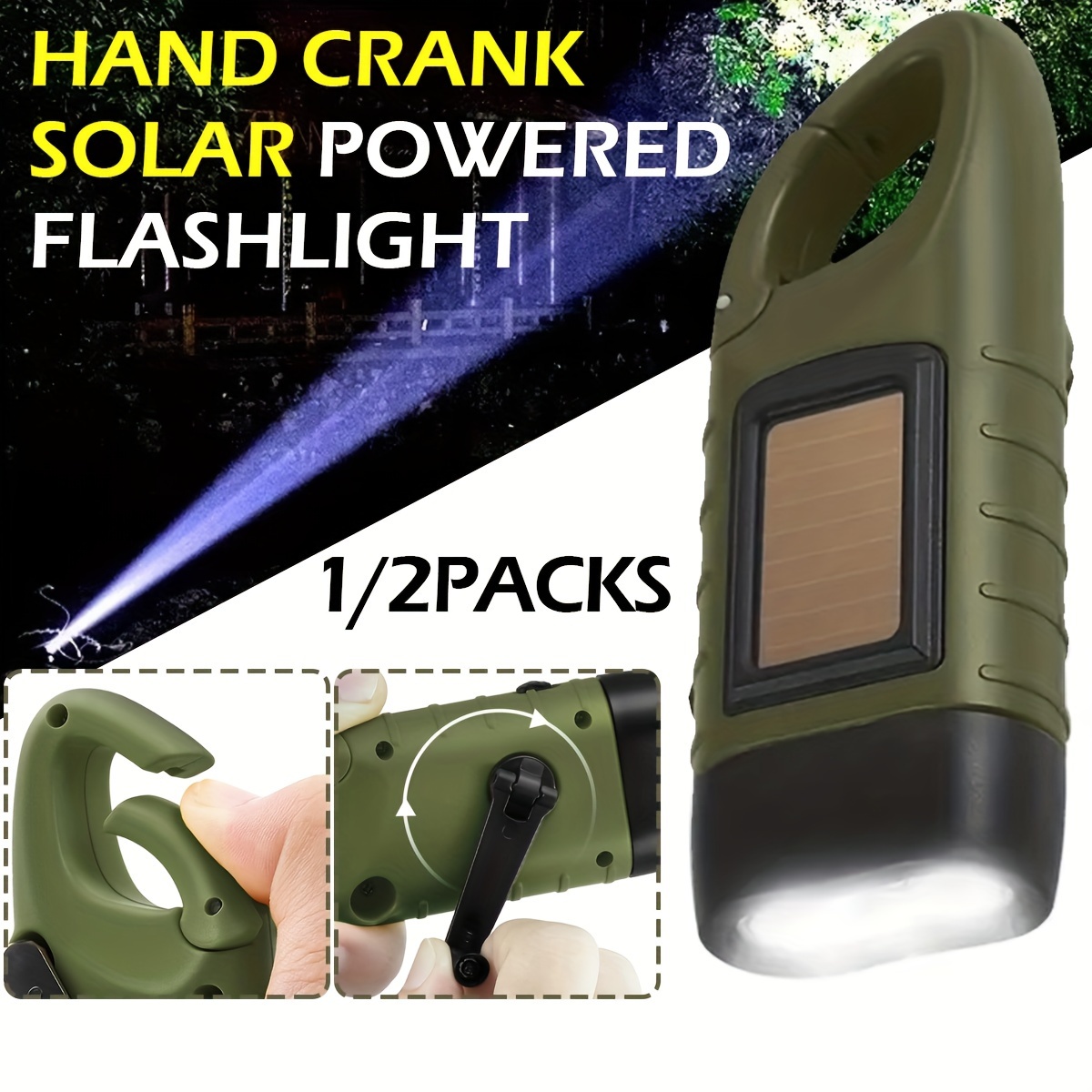 Paquete de 2 linternas con manivela de mano, linterna LED recargable de  emergencia, linterna de supervivencia, mosquetón de rápido presión,  linterna