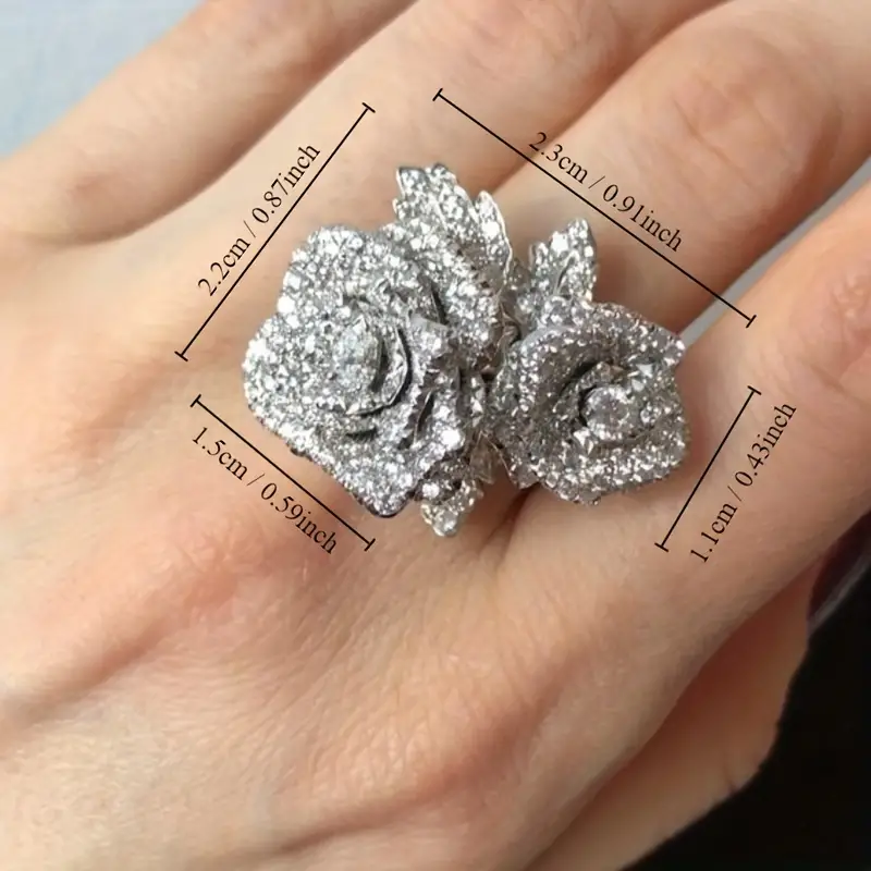 elegant flower ring silver plated inlaid shining zircon exaggerated decor for party perfect anniversary birthday gift for your love make her be the most stunning girl details 4