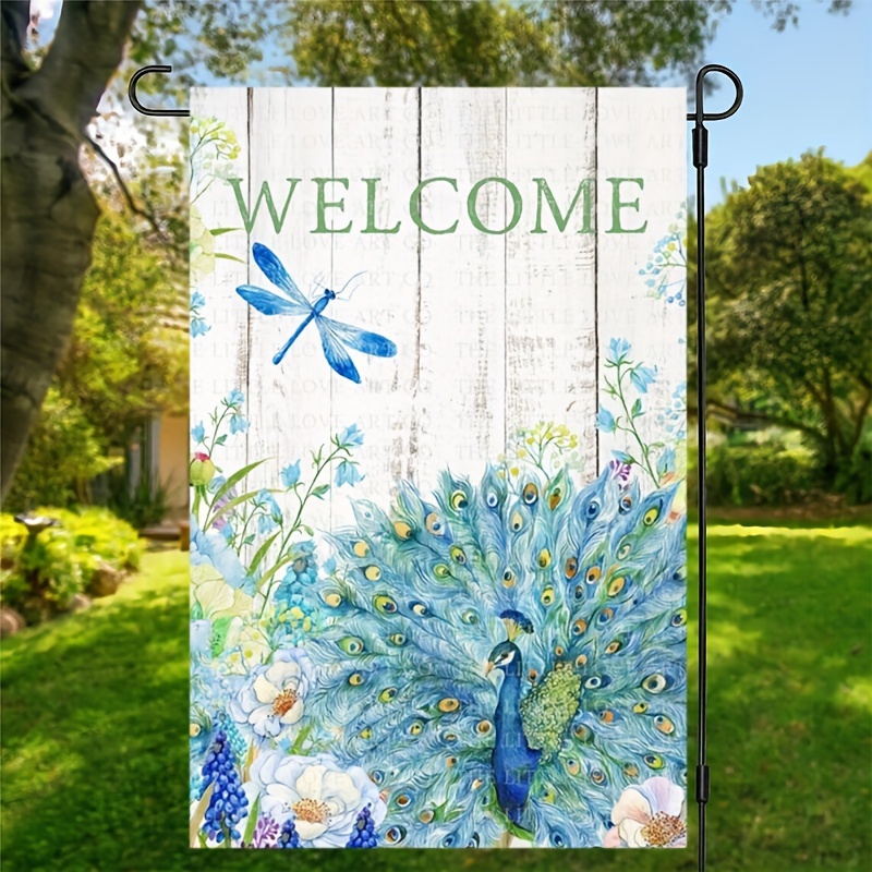 

1pc, Peacock Dragonfly Spring Garden Flag, Nature Yard Flag, House Flag, Spring Outdoor Decorations, Double Sided Waterproof Flag, Home Decor, Outdoor Decor, Yard Decor, Garden Decorations