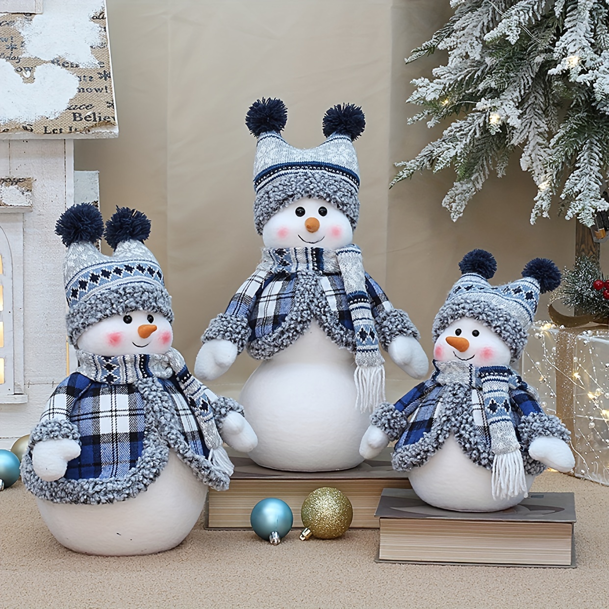 1pc Christmas Decorations Blue Fabric Snowman Doll Doll Window Set  Ornaments Outdoor Decoration, Christmas Tree Decoration, Living Room  Holiday Gifts