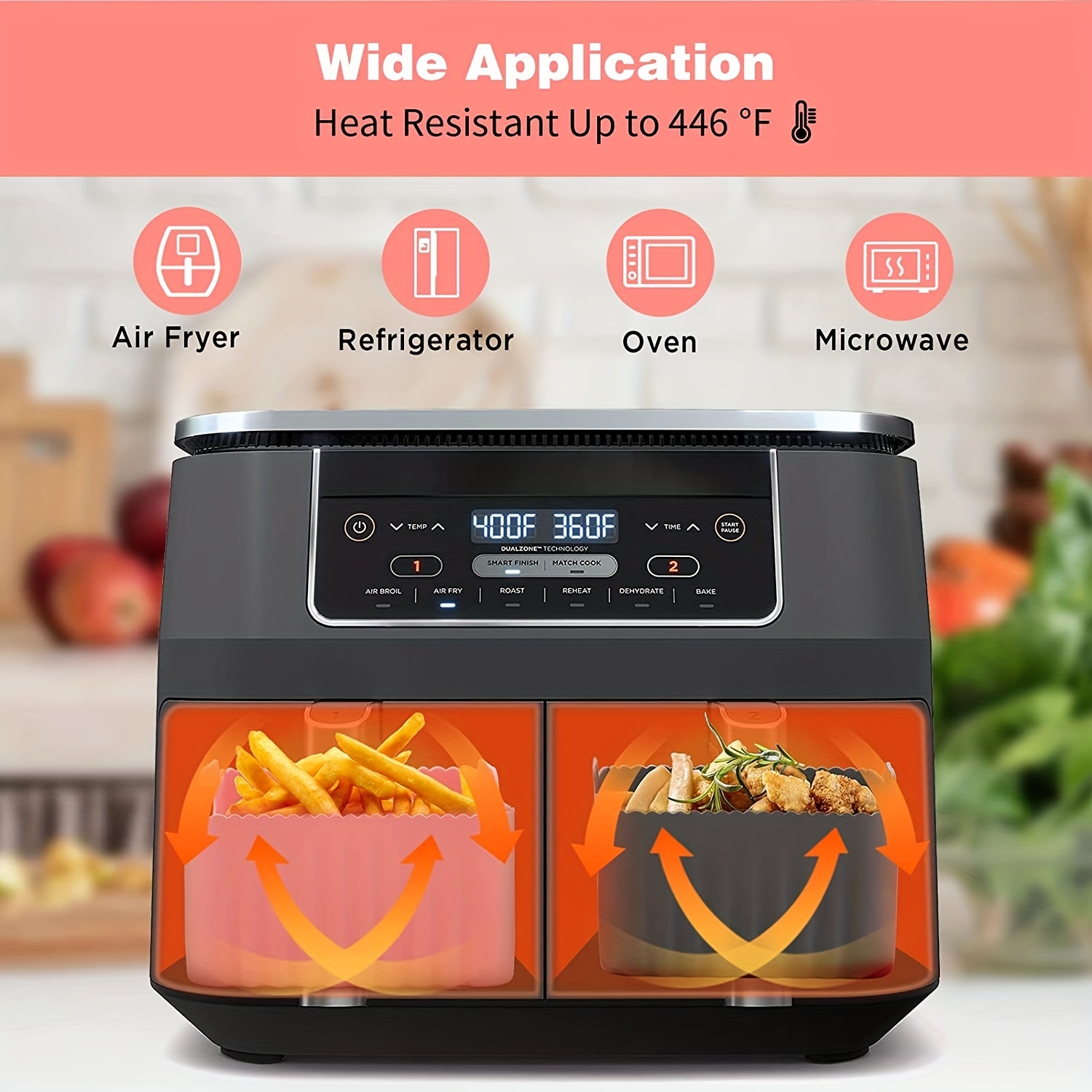 Silicone Air Fryer Liners , Reusable Silicone Dual Basket Air Fryer Liner  7.67''x5