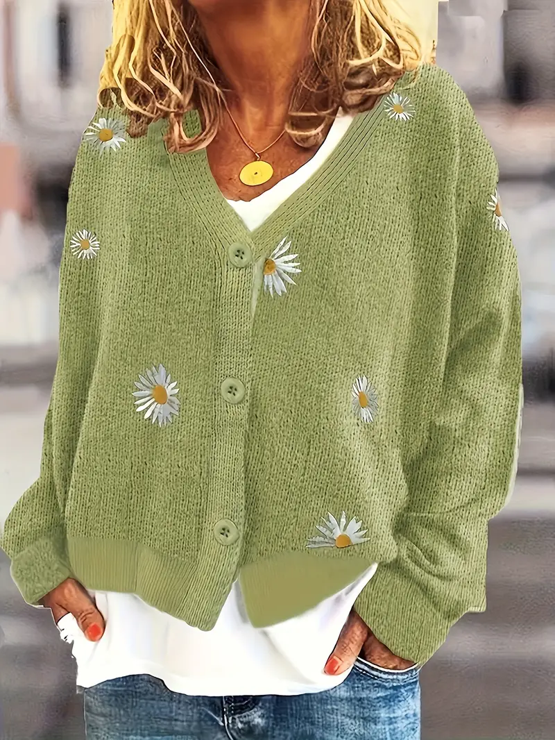 Daisy Pattern Embroidered Knitted Cardigan Button Front - Temu