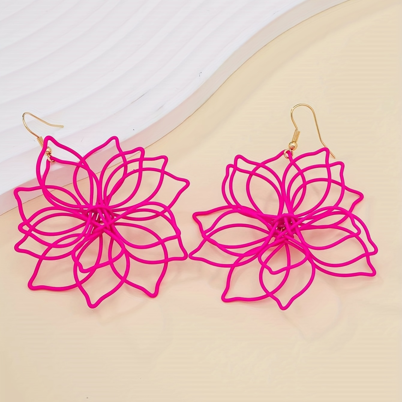 

Hot Pink Color Exquisite Hollow Flower Design Dangle Earrings Cute Vacation Style Delicate Female Gift