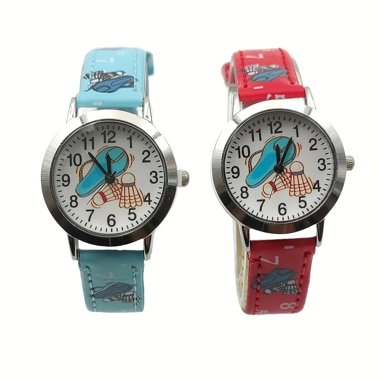 Cartoon Badminton Round Pointer Quartz Watch Cute Analog Pu Leather Wristwatch Gift For Girls Boys Childrens Day Birthday - Jewelry and Accessories