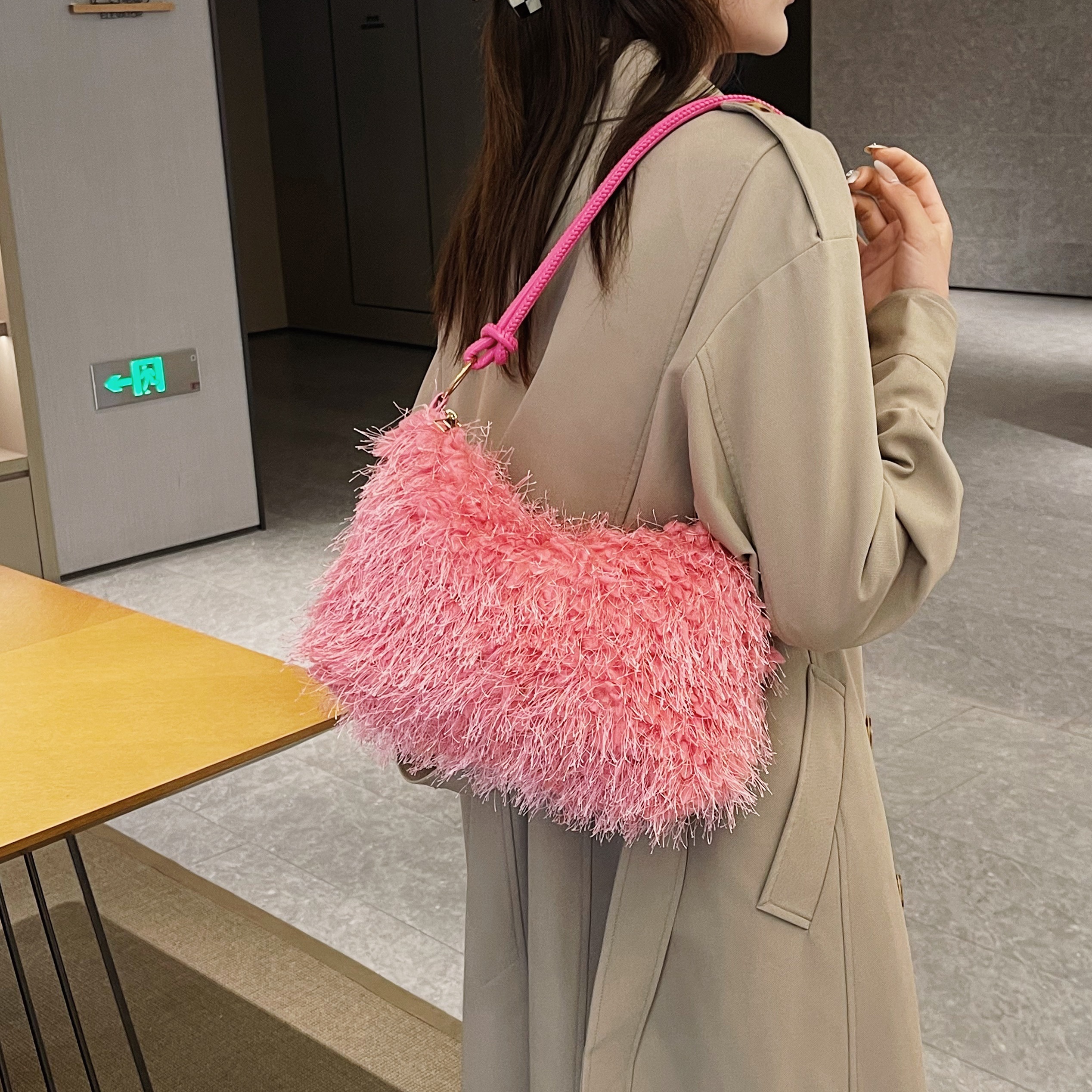 Faux Fur Shoulder Underarm Bag  Faux Fur Handbag Shoulder Pink