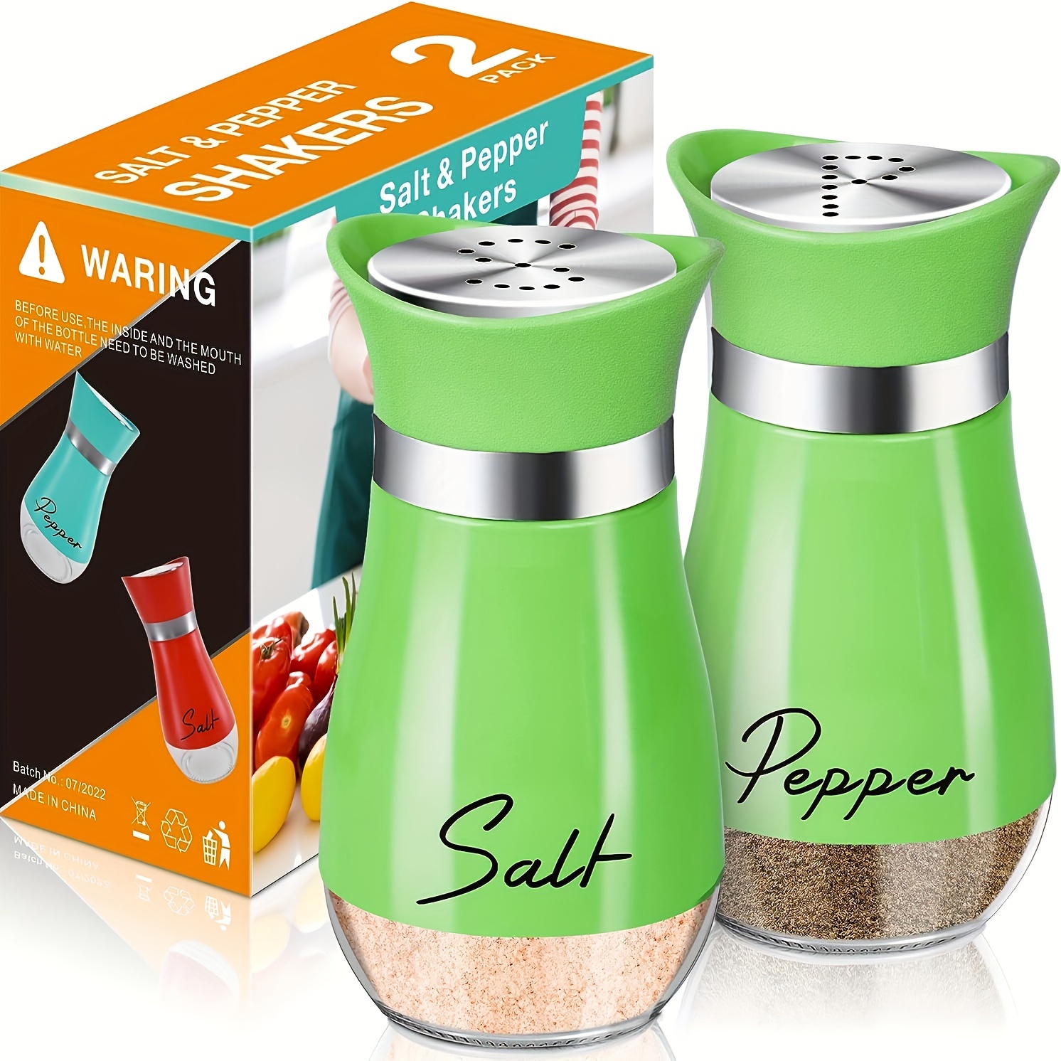 Teal Salt and Pepper Shakers with Glass Bottom, Stainless Steel