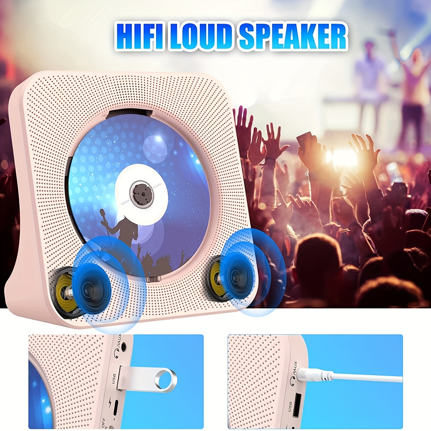  Fohil Reproductor de CD portátil con Bluetooth, reproductor de  música de CD de escritorio recargable de 4000 mAh para el hogar con  altavoces de sonido HiFi dobles incorporados, pantalla LED con 