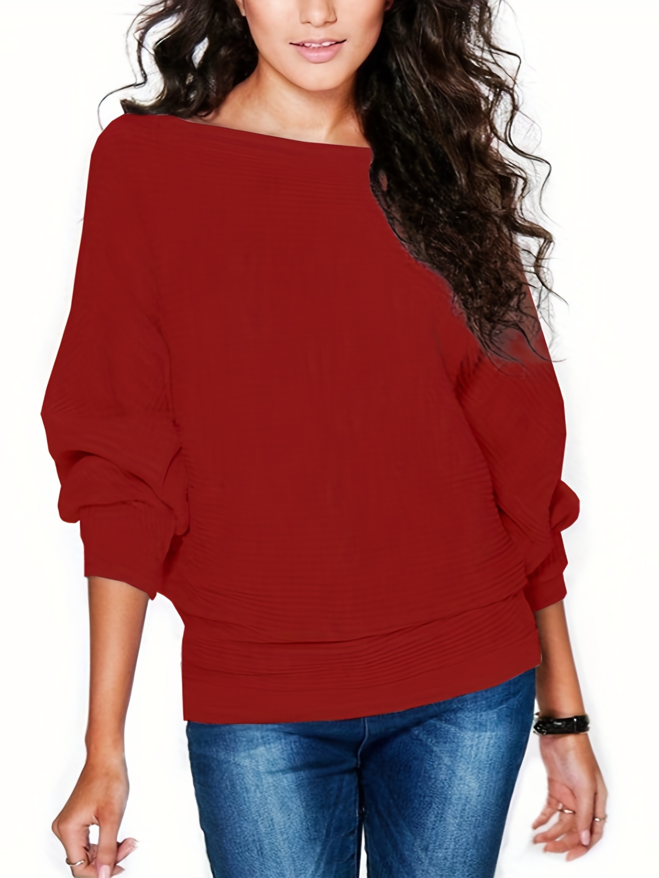 solid boat neck pullover sweater casual batwing sleeve drop shoulder sweater womens clothing red 3