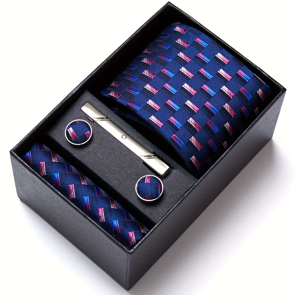 1 set of mens blue tie pocket square handkerchief tie clip and cufflinks holiday present necktie gift box wedding accessories