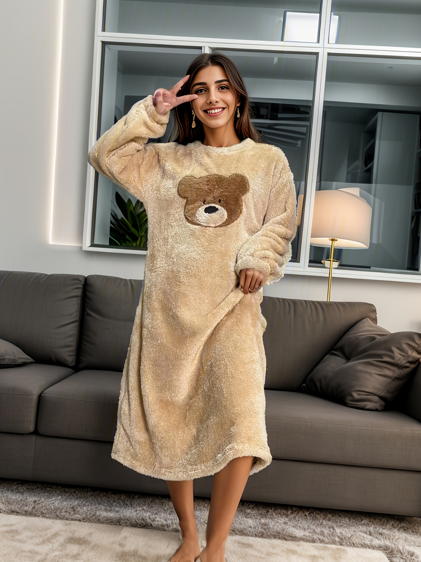 Bear & Strawberry Print Plush Pajama Dress, Comfy & Cute Long Sleeve  Nightdress, Women's Loungewear & Sleepwear