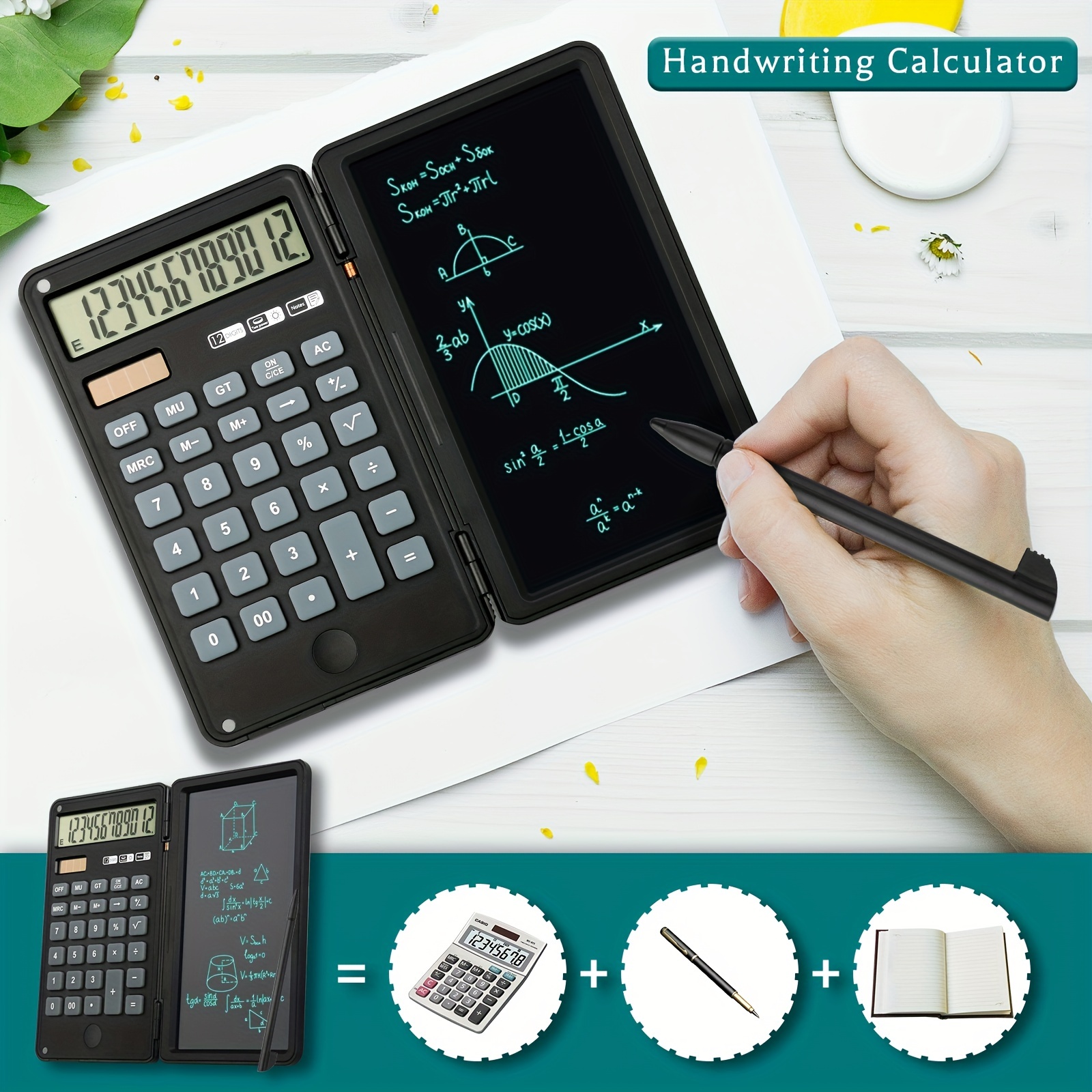 happyfit calculators 12 digit desktop calculators with 6 inch lcd writing tablet solar and battery dual powered basic calculator notepad portable folding calculator for kids school office