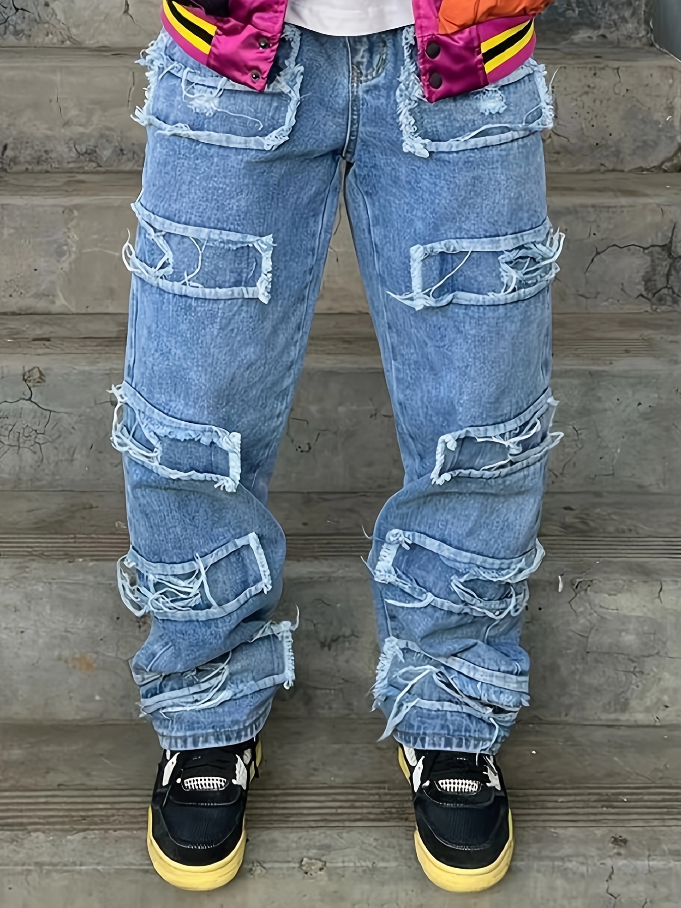 Men Baggy Jeans Hip Hop Denim Pants Cargo Pockets Loose Dance Skateboard New