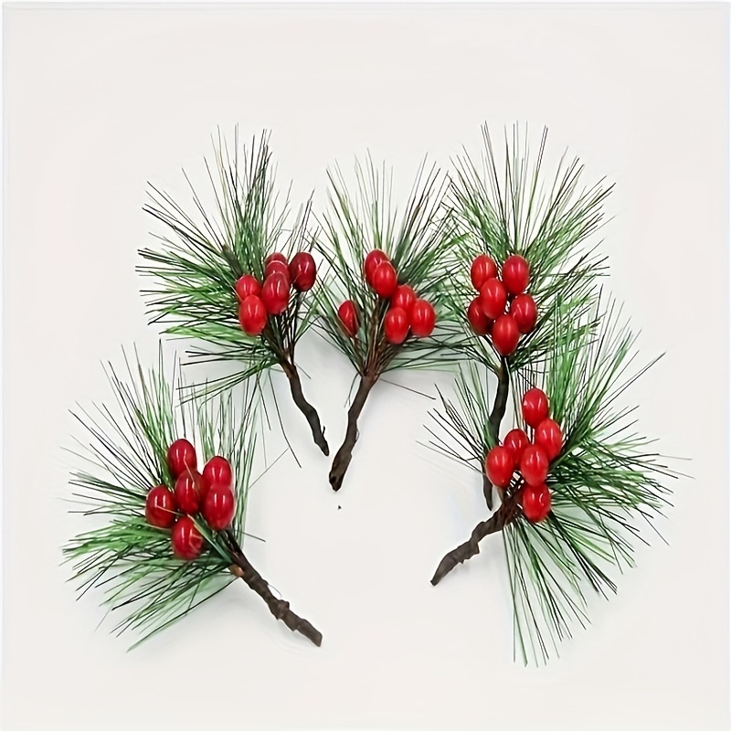 6PCS Christmas Berries Red Stems Evergreen Pine Branches, Snow Flocked Red  Holly Berry Pine Cone Floral Sprays Decoration,Winter Holiday Floral Picks  (6PCS)
