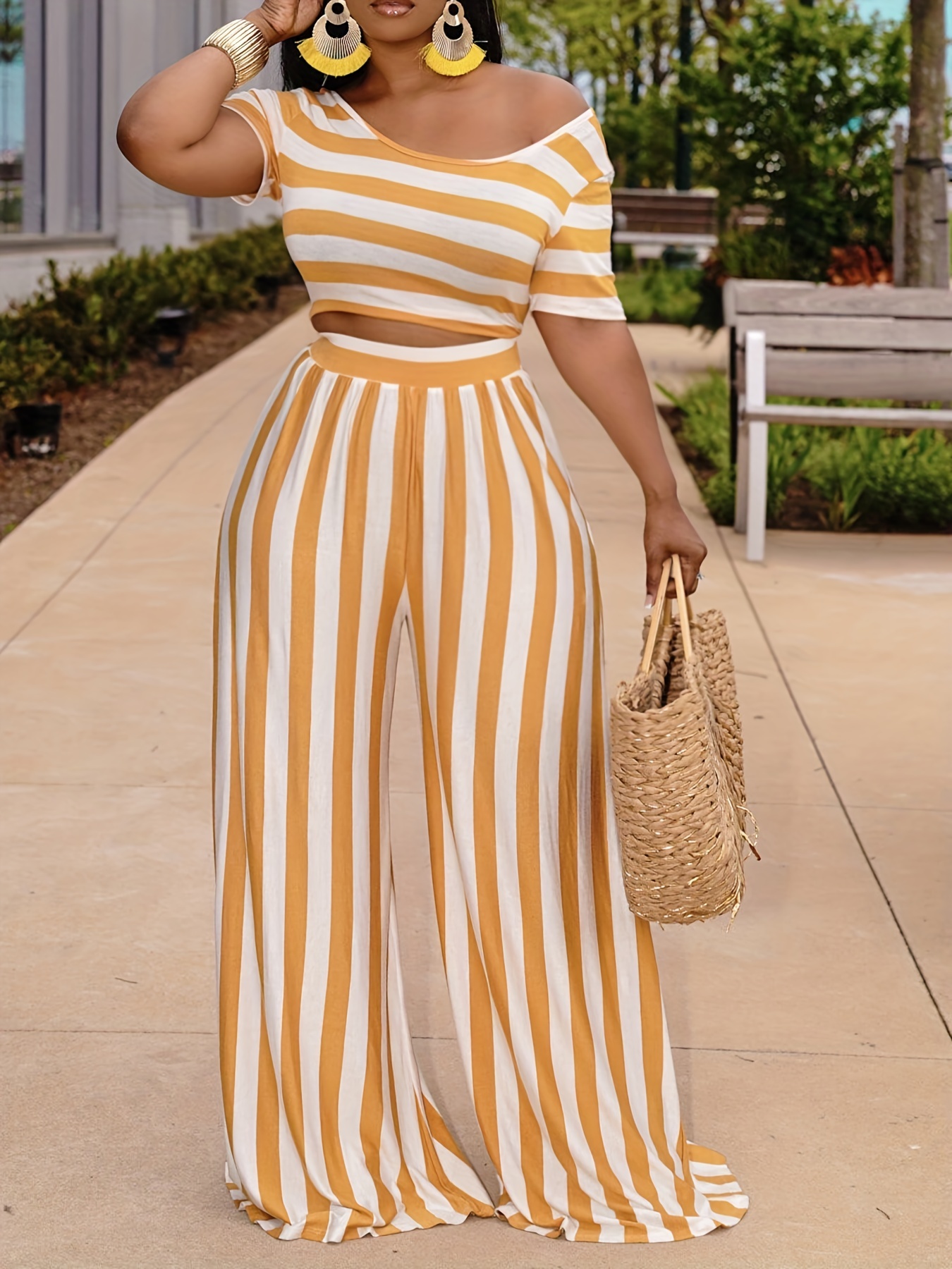 Casual Striped Matching Two piece Set Short Sleeve Crop Top - Temu