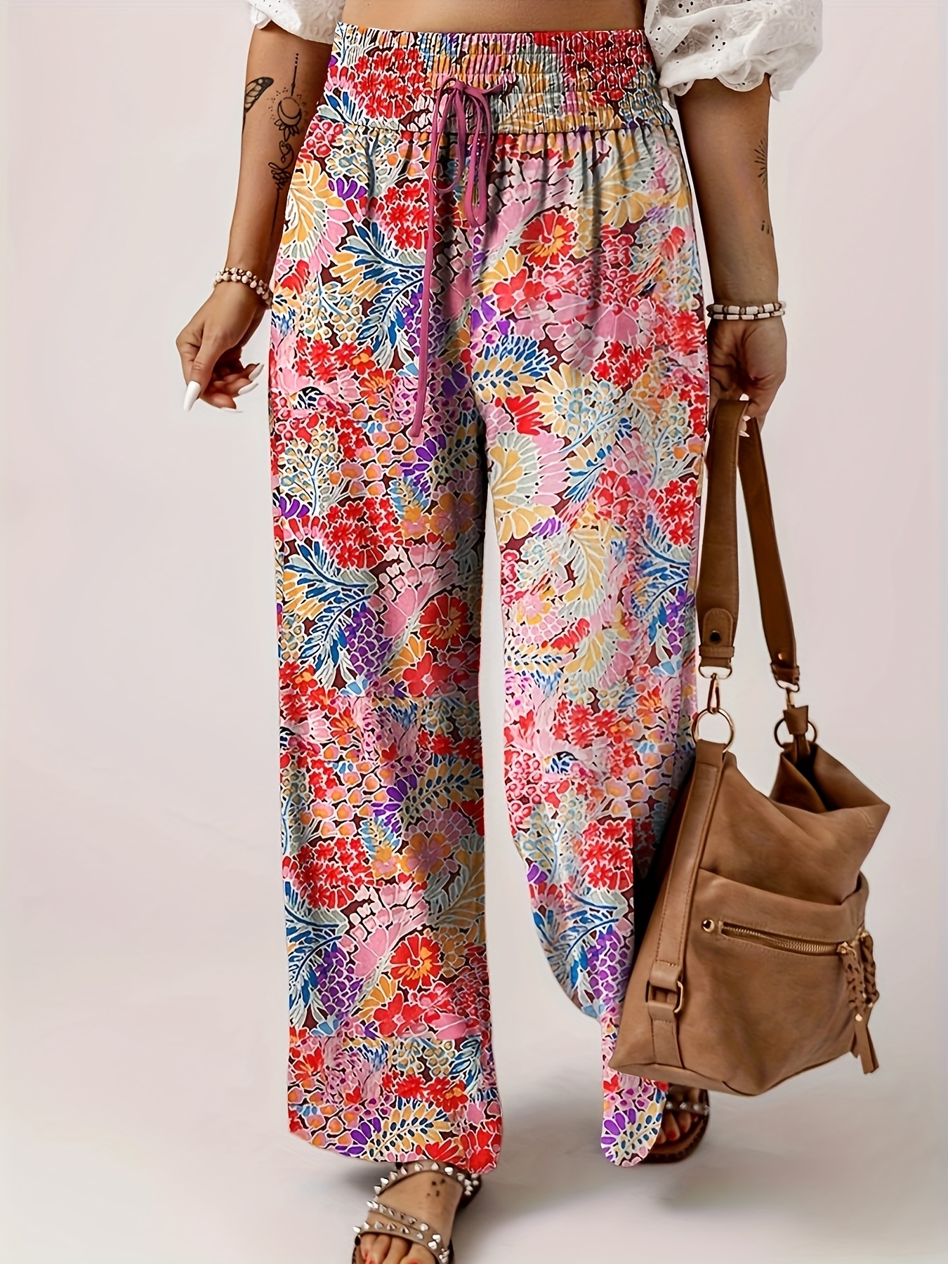 Pantalones Anchos Con Estampado Floral, Pantalones Casuales De Cintura  Alta, Ropa De Mujer