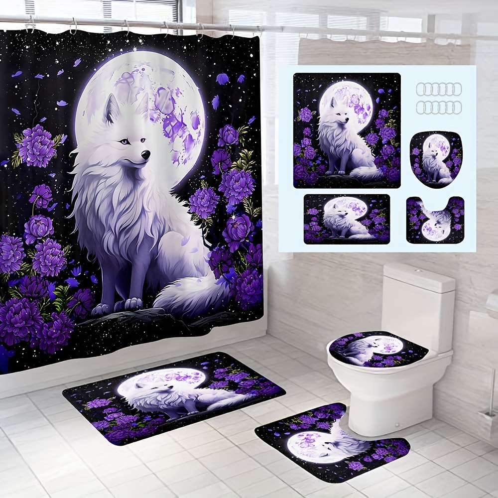 4 Pcs Bathroom Shower Curtain Set,Purple Rose, U fashion Shape and Toilet Lid Cover Mat