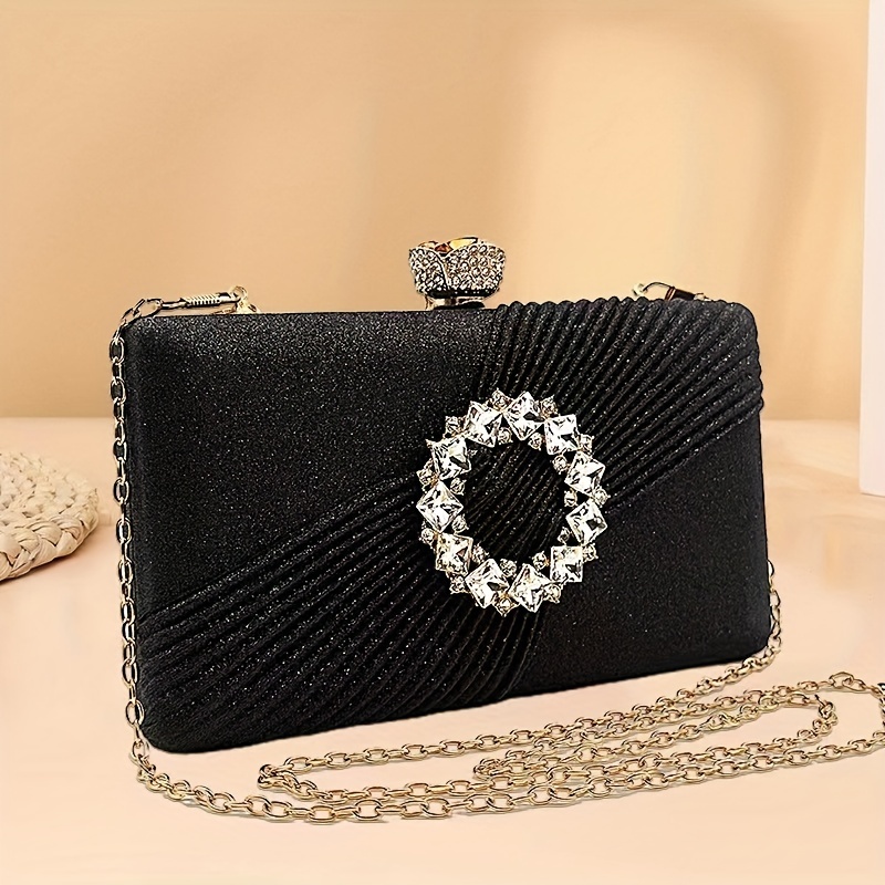 Rhinestone Decor Ruched Square Bag, Women's Buckle Clutch Purse, Chain Hand  Bag For Party - Temu