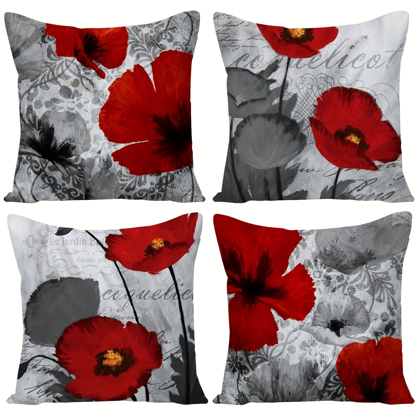 TEMU 4pcs Valentine's Day Throw Pillow Covers - Floral Pattern, Valentine's Day Decoration, Soft Polyester, Zipper Closure, Machine Washable - Great For Home Decor And Gifts, 18x18 Inch, No Insert