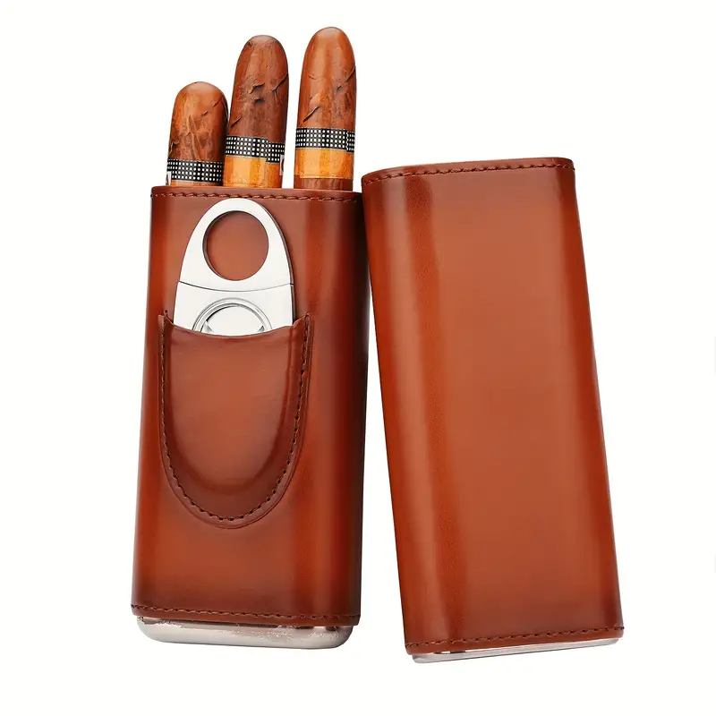 premium 3 finger brown leather cigar case with cedar wood lined humidor silvery stainless steel cutter details 8