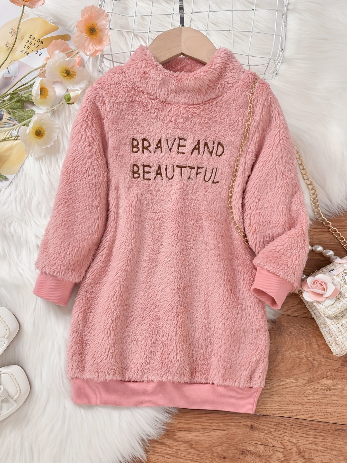Girls Fleece Warm Dress Letter Embroidered High Neck Long Sleeves Dress For  Winter Kids Clothes, High-quality & Affordable