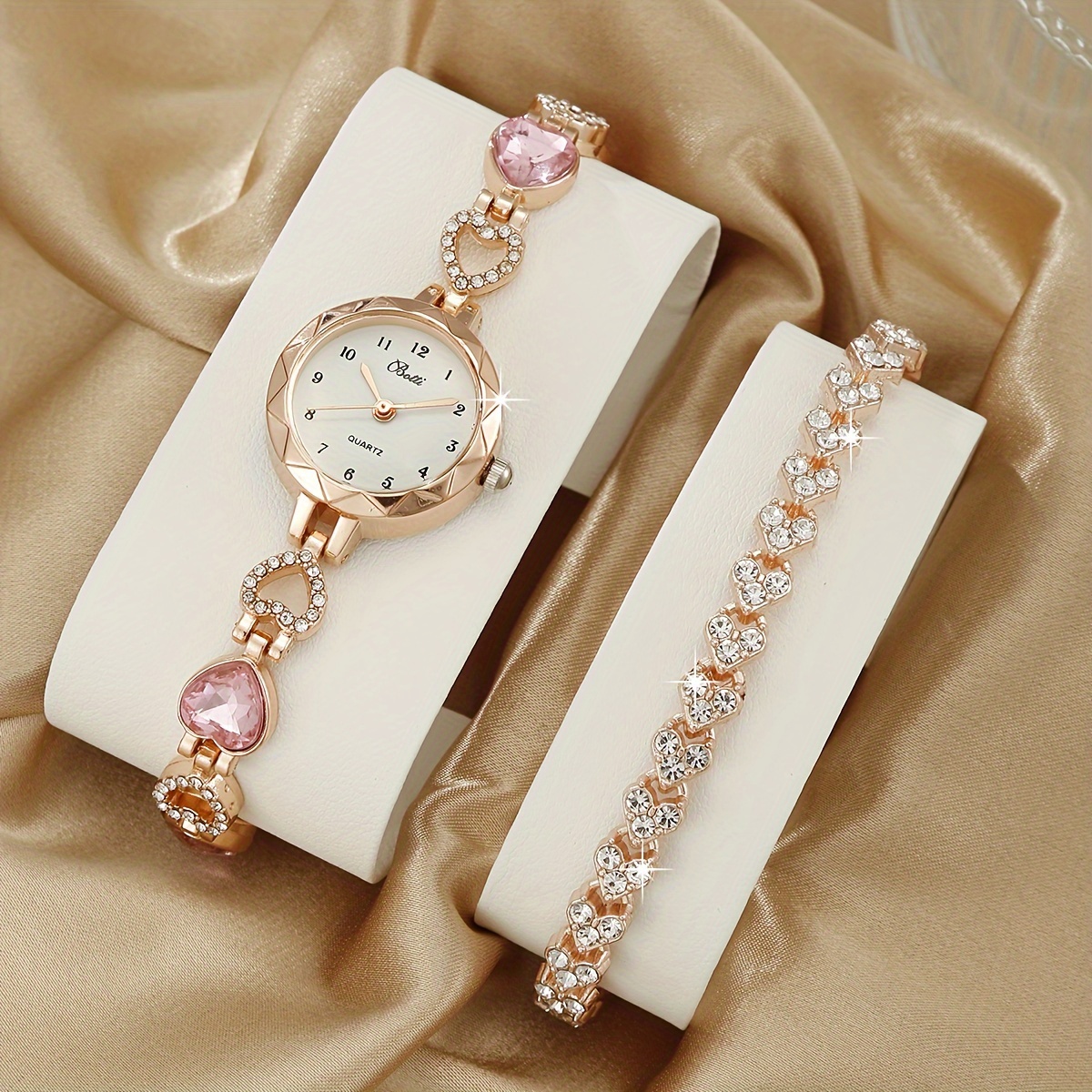 

2pcs/set Women's Watch Luxury Rhinestone Quartz Bracelet Watch Cute Heart Analog Wrist Watch & Bracelet, Gift For Her