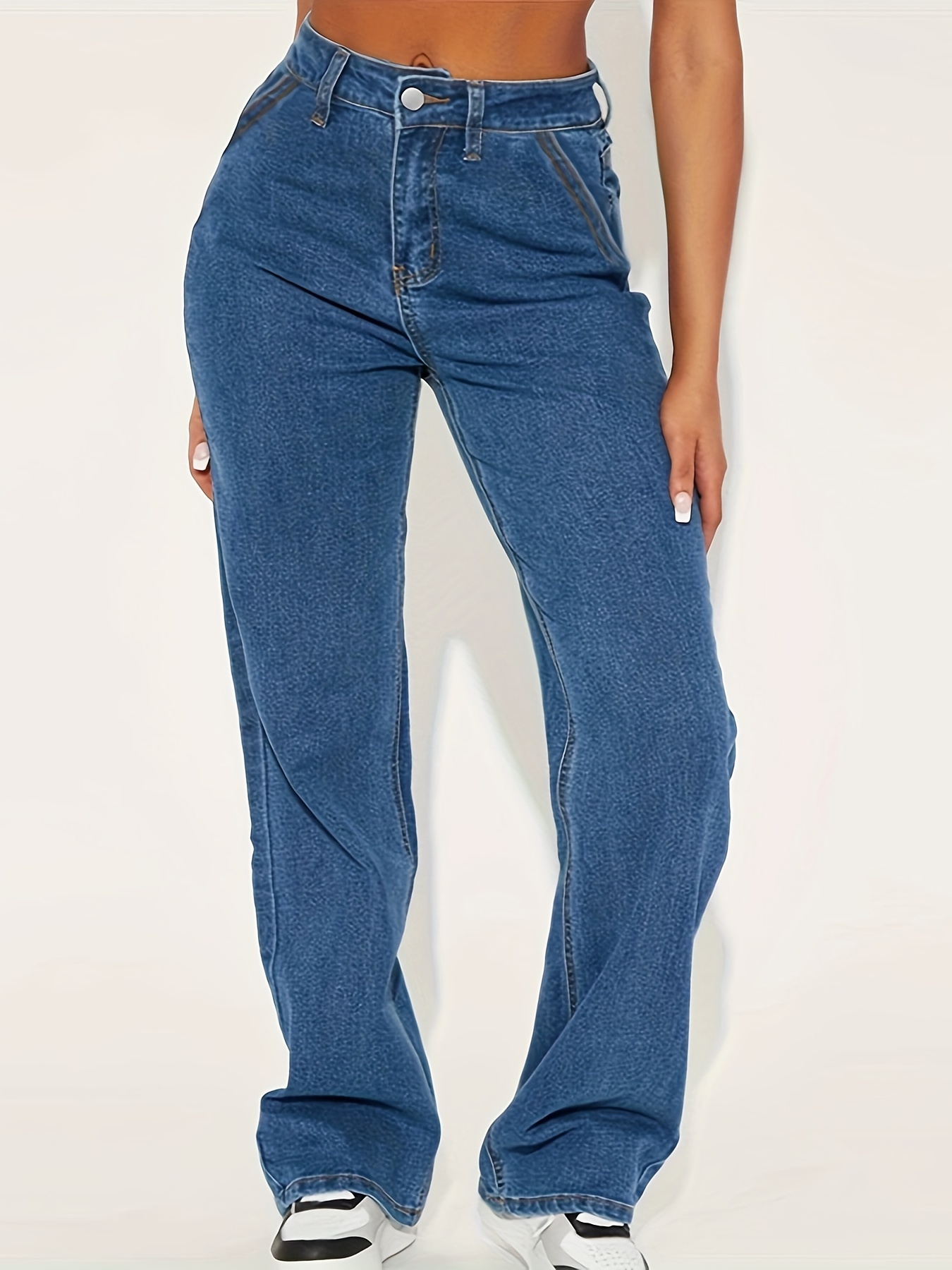 Dark Blue High Waist Straight Jeans Slash Pockets Wide Leg - Temu
