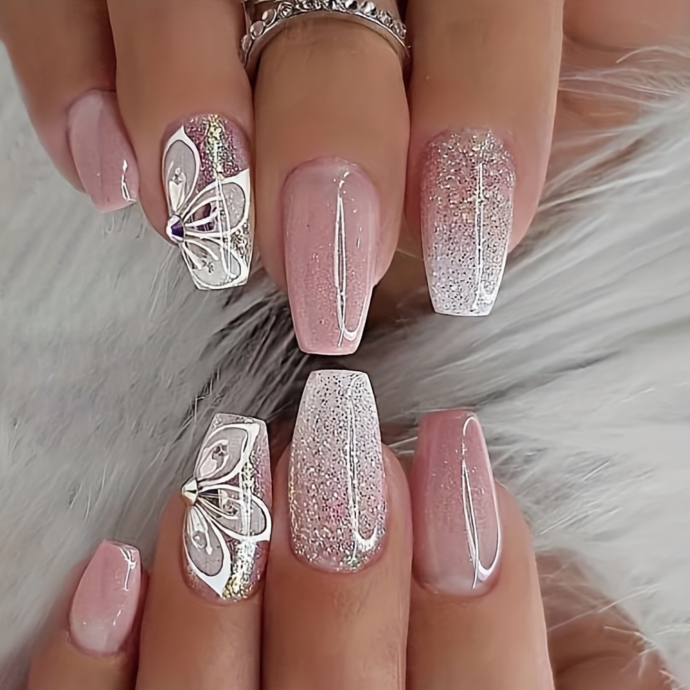 Pink Spring Nails | Pink Ombre Glitter Rhinestones French Tips Press On  Nail Designs