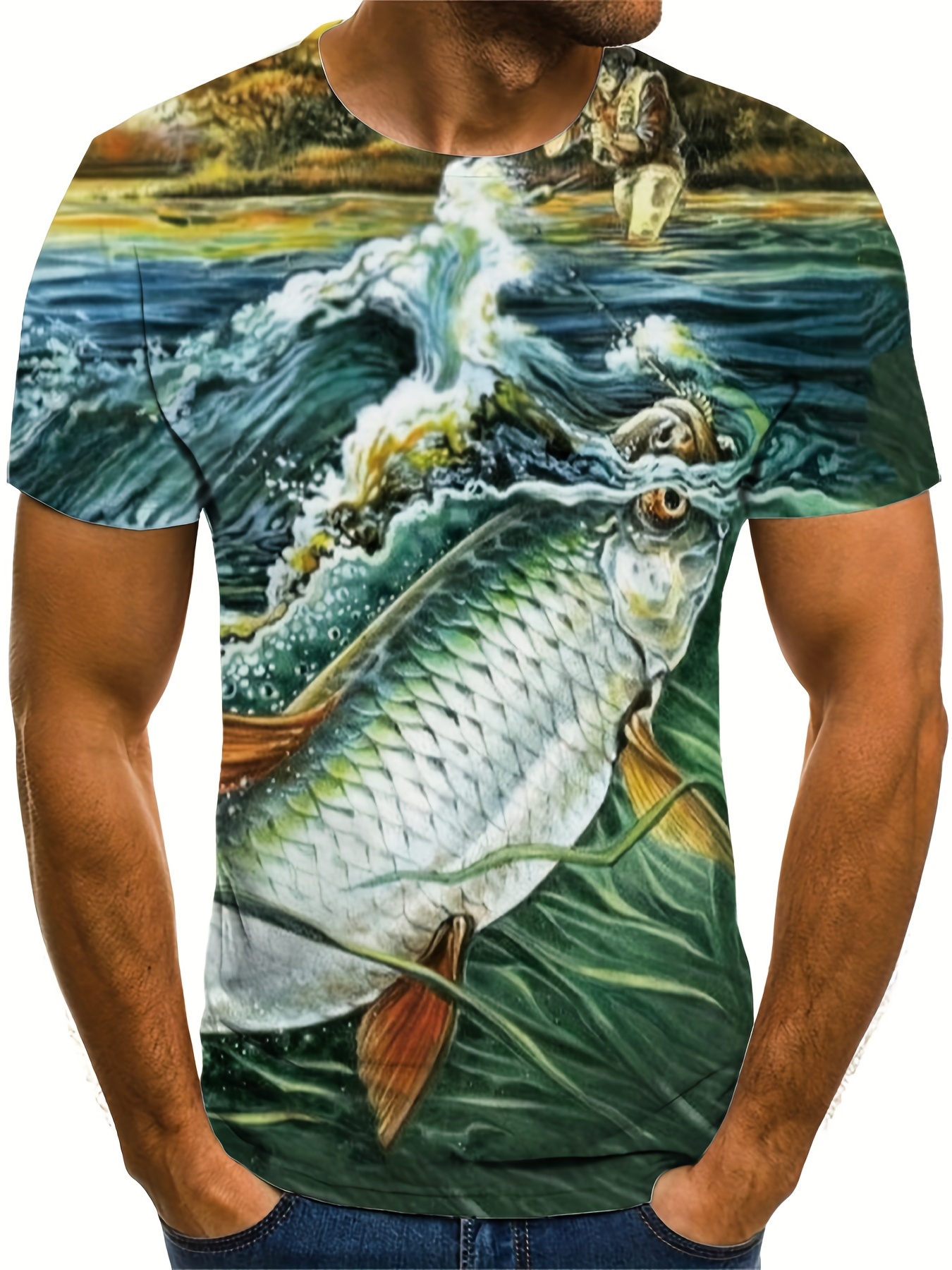 Camiseta Estampado Pesca Informal Cuello Redondo Estilo - Temu