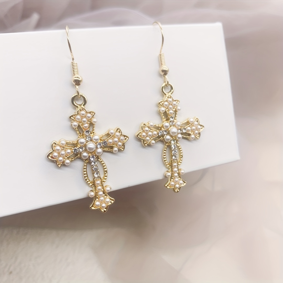 baroque style sparkling artificial diamond faux pearl cross pendant earrings for women 1