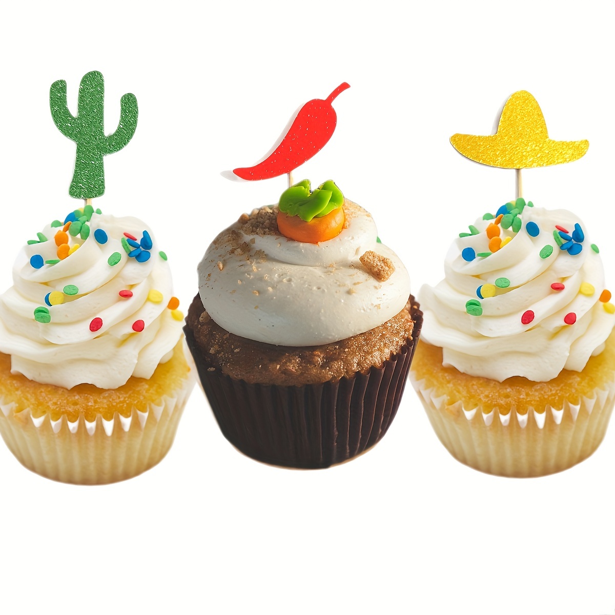 10 Pcs Cake Toppers Mexican Themed Straw Hat Chili Cactus Shaped
