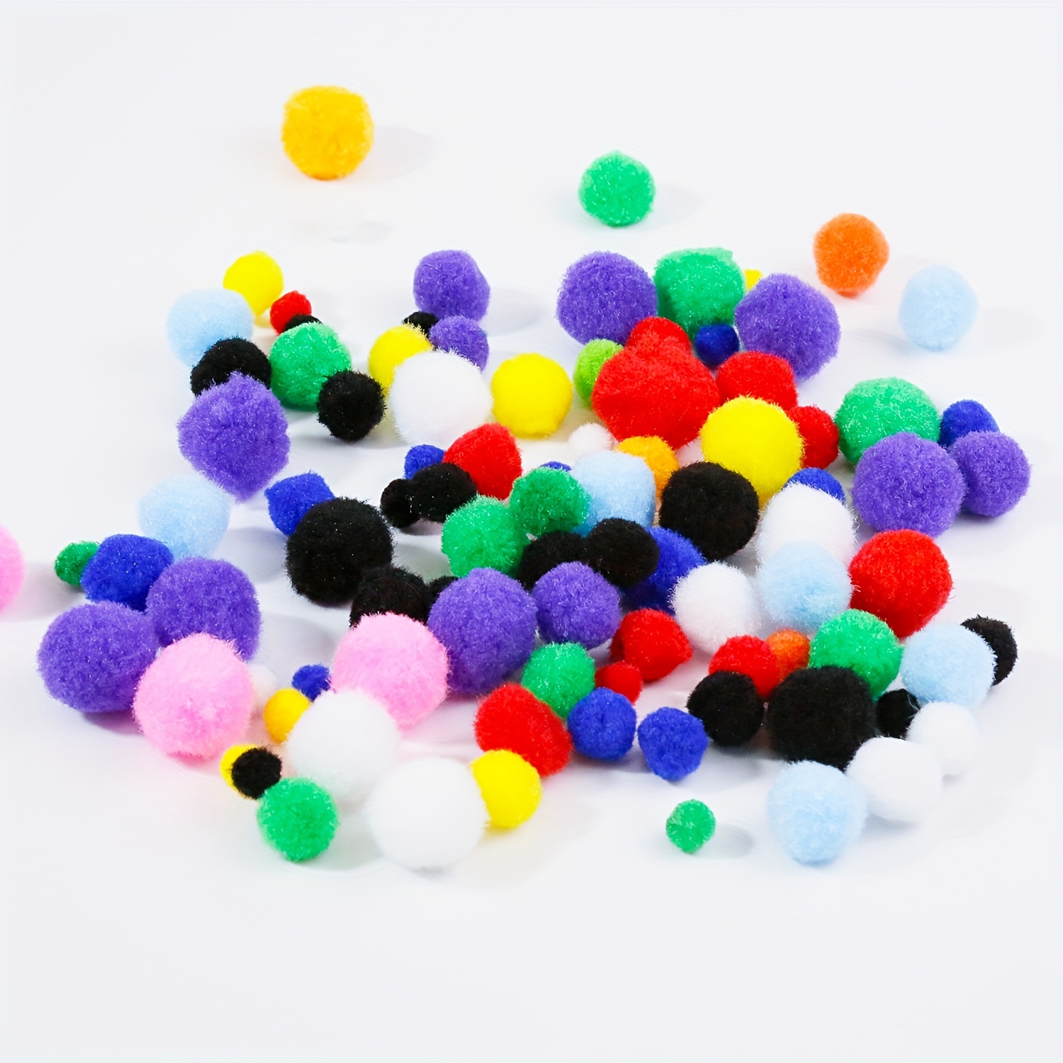 [250 piezas] 150 pompones negros de 1 pulgada + 100 pompones multicolores,  pompones pequeños surtidos para proyectos de manualidades y decoraciones