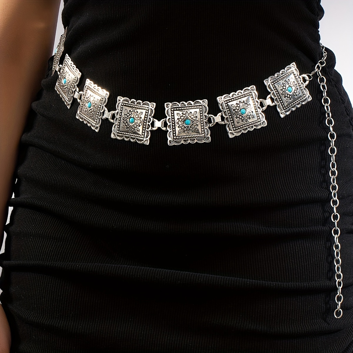 

1pc Antique Silvery Concho Belt Western Style Turquoise Decor Waist Chain Vintage Cowgirl Belt For Dress Jeans