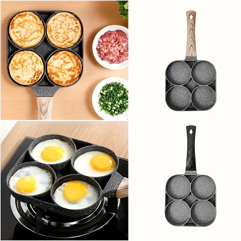 4-hole Non-stick Frying Pot Aluminum Omelet Pan For Burger Eggs Ham Pancake  Breakfast Maker Kitchen Cookware Wooden Handle Pan