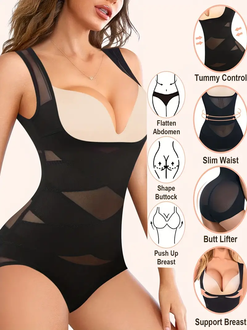 Women Waist Trainer Shapewear Thong Bodysuit Seamless Tummy Control Panty  Faja Open Bust Body Shaper Black