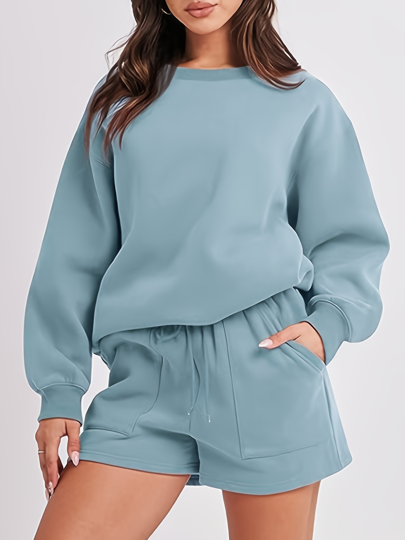 Solid Ribbed Knit Two piece Set Crew Neck Long Sleeve - Temu