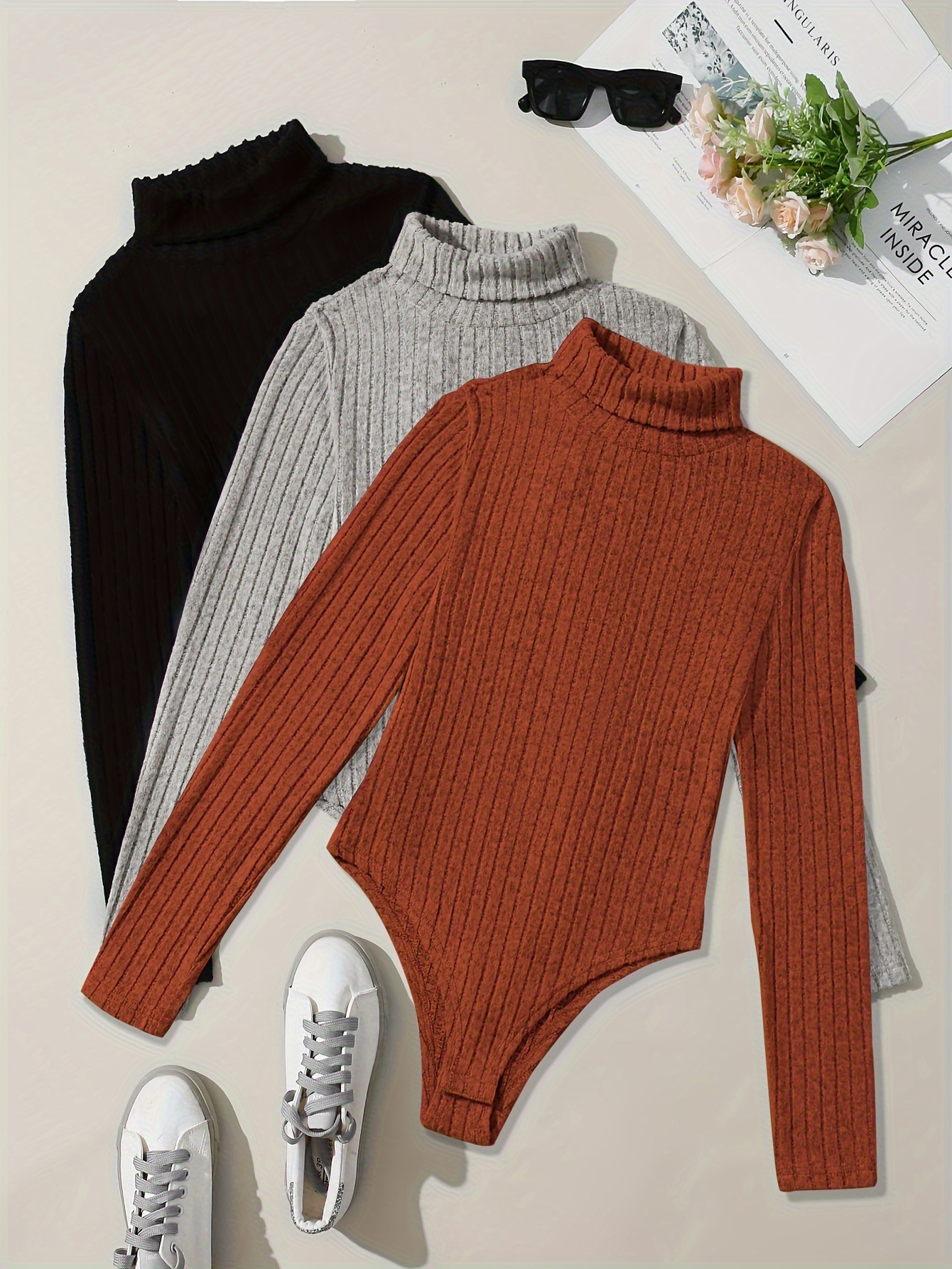 Turtleneck Long Sleeve Women's Bodysuit Ribbed Knitted Skinny Body Suit Top