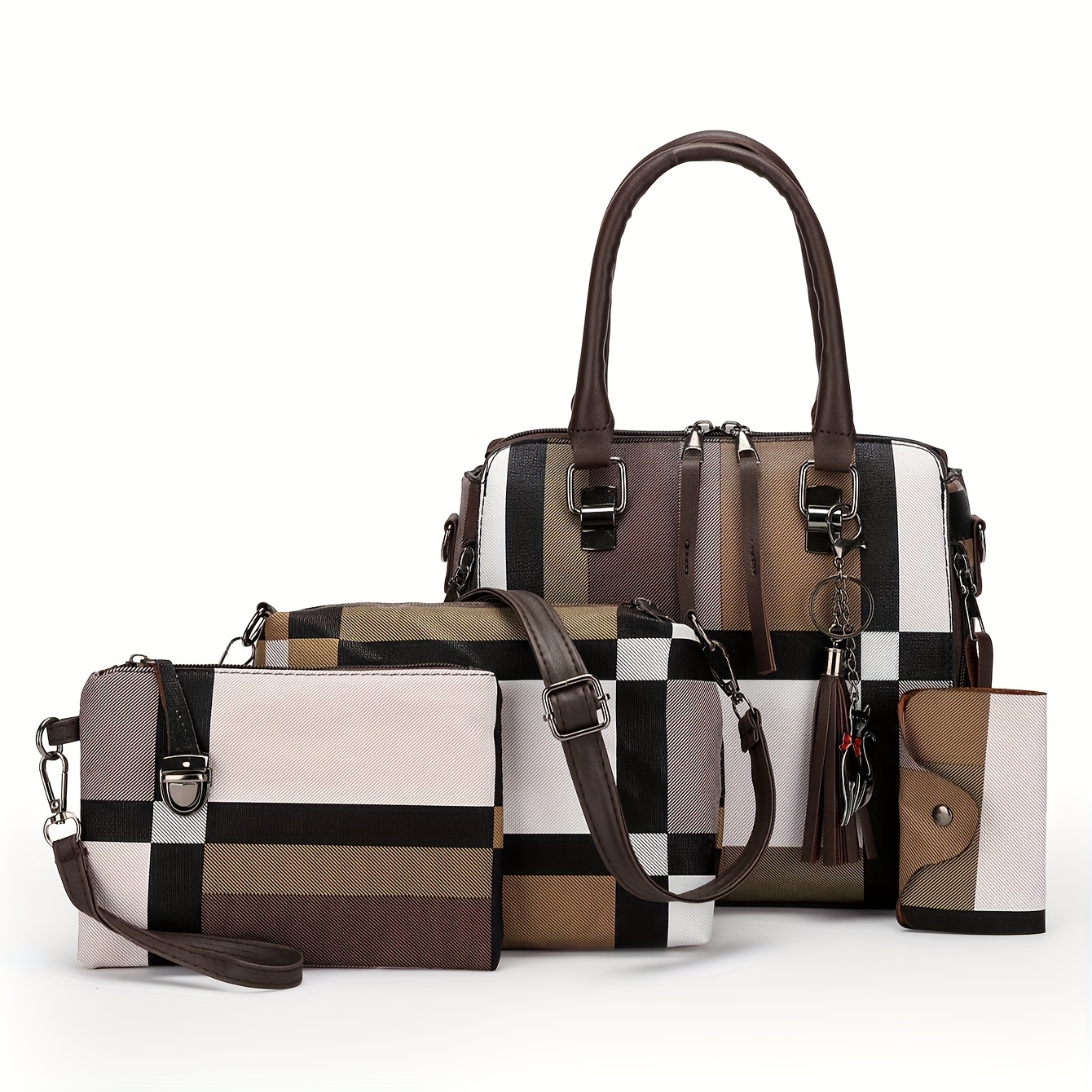 4Pcs Colorblock Plaid Pattern Handbag Set, Tassel Decor Tote Bag With Crossbody Bag & Clutch Purse & Card Holder