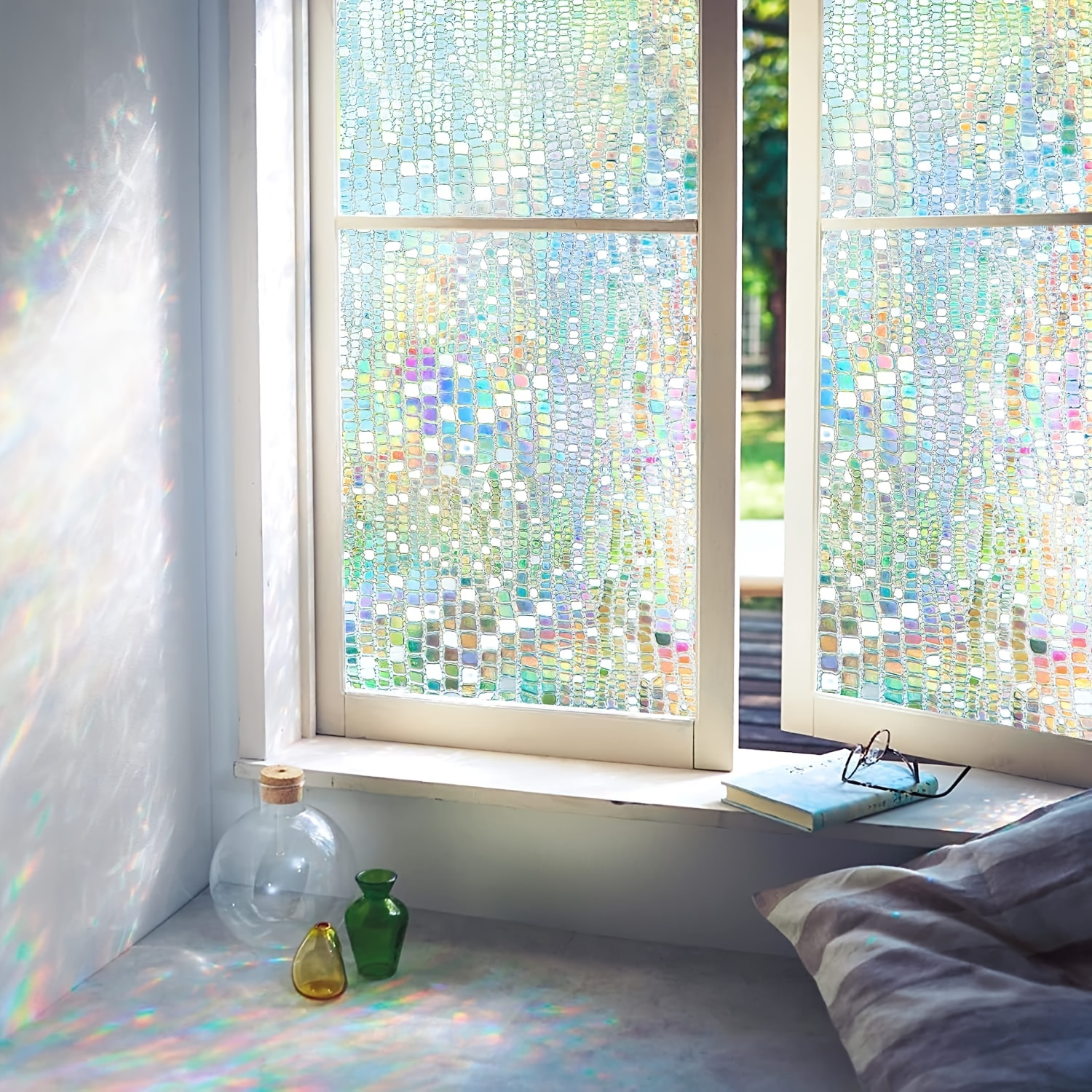 17.5″X78.7″ Privacy Decor Window Film, Rainbow Cling Holographic No Glue  Frosted